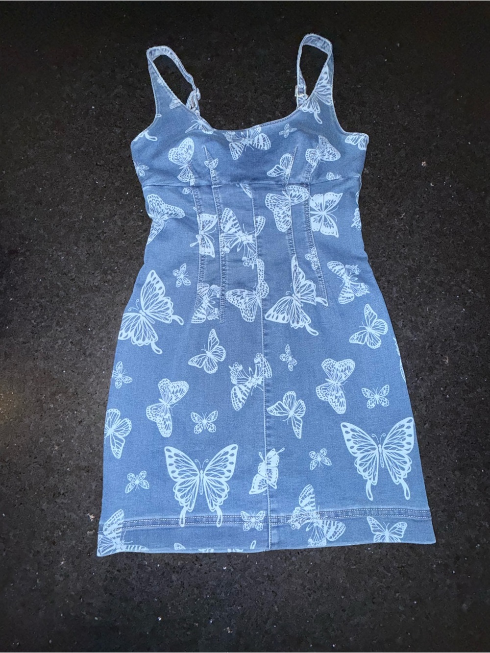 UEC Tinseltown STETCH DENIM BLUE JEAN WHITE Butterfly Print Mini Dress SZ S